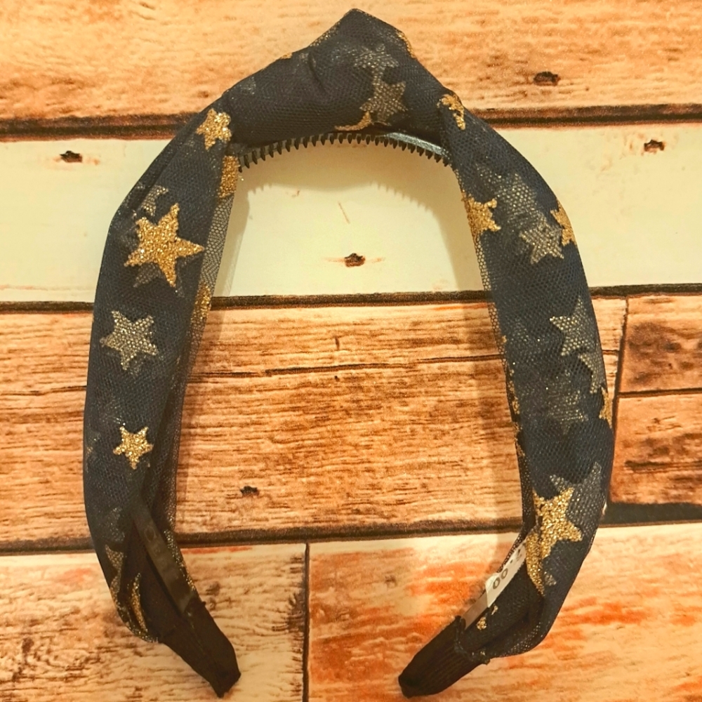 Star tulle blue turban knot headband with grip